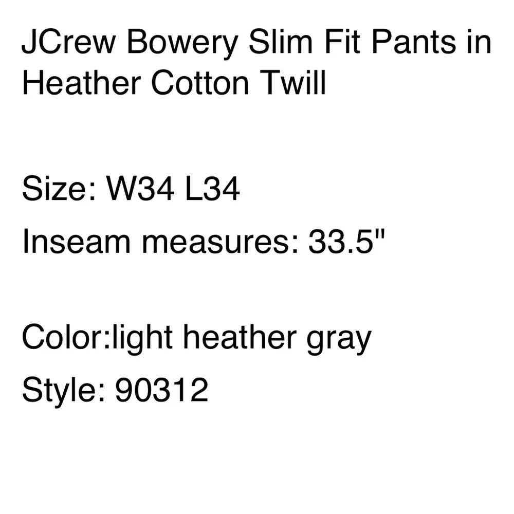 J Crew Urban Bowery Slim Cotton Twill Men’s Pants Sz 34/34 Excellent Condition